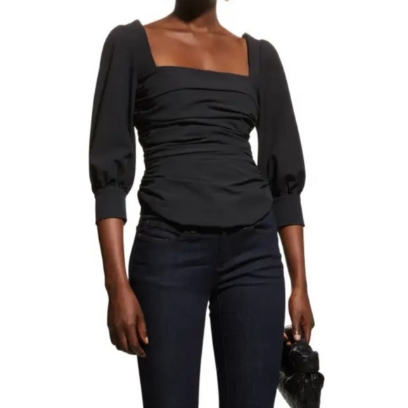 Cinq A Sept Karol Square-Neck Ruched 3/4” Puff Sleeve Crepe Top Blouse Medium - Picture 6 of 10